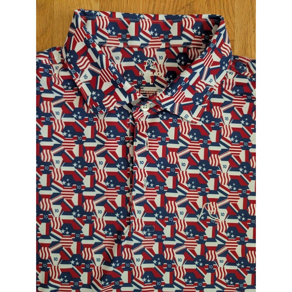 Rhoback American Icon USA Flag Performance Polo Mens Large Golf AOP Shirt NWT